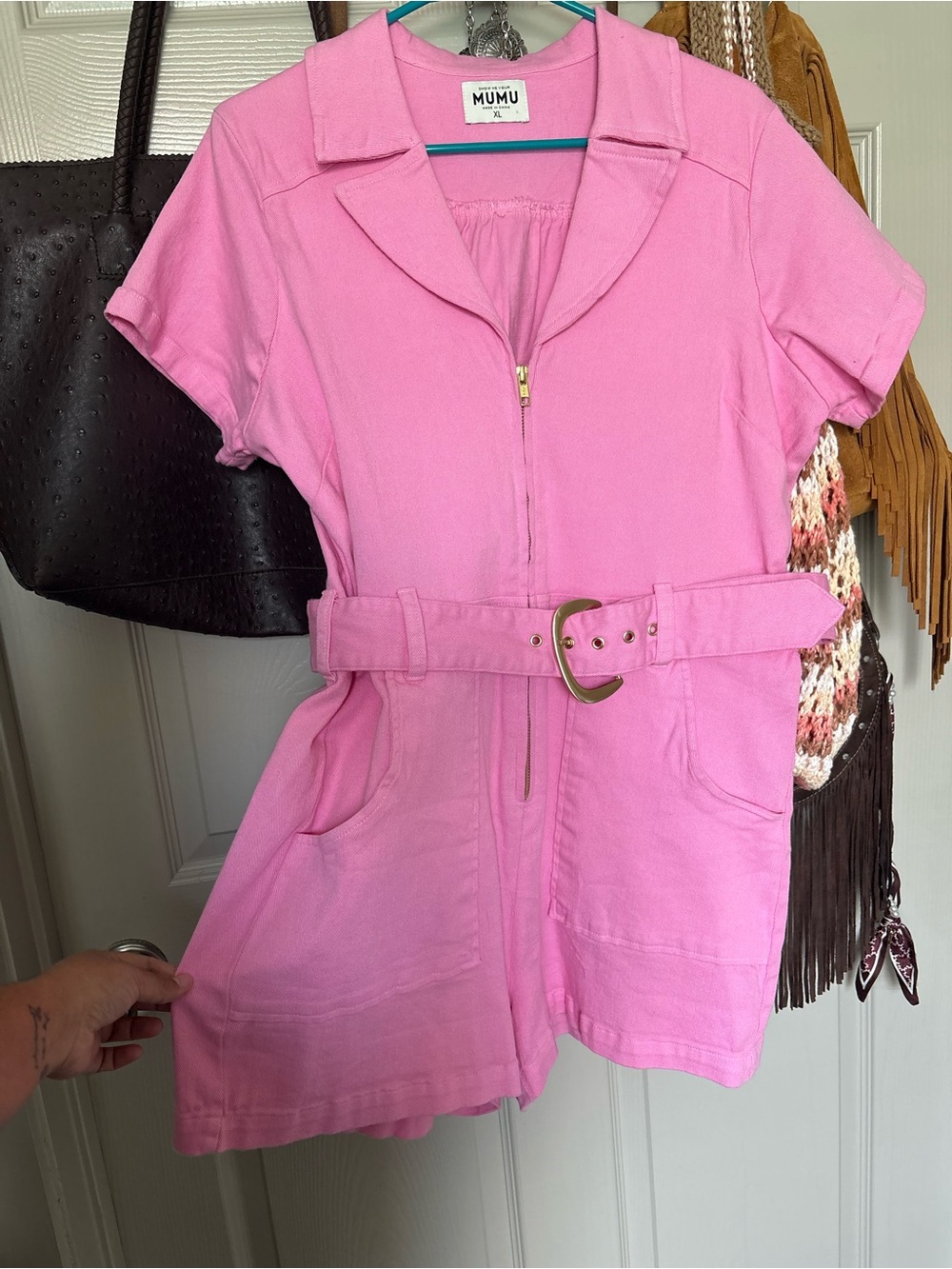 Show Me Your Mumu Pink Belted One-Piece Romper